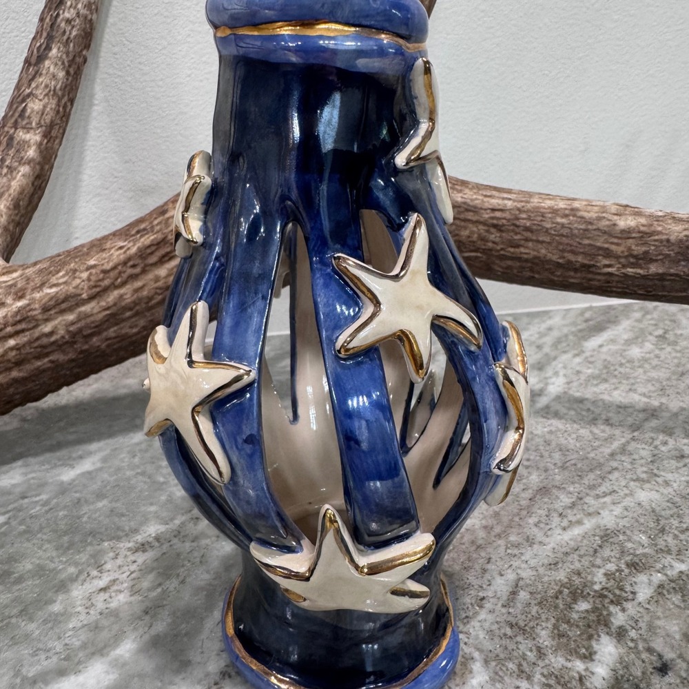 Heather Goldminc Blue Ceramic Star Luminary Candle Holder Gold Trim rare find - Picture 4 of 5